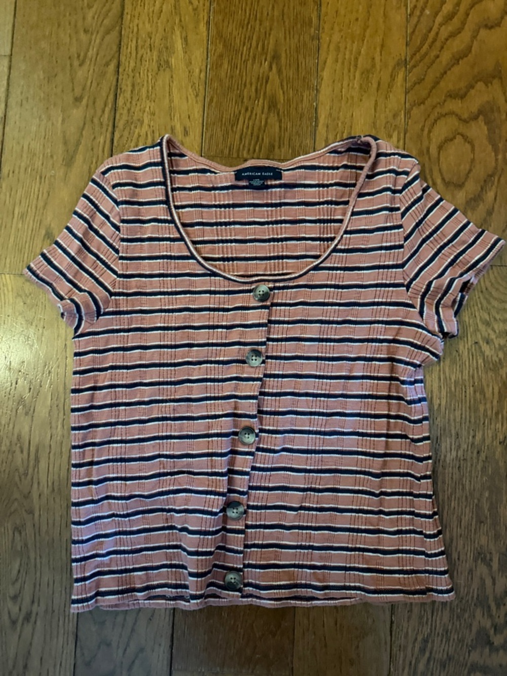 American Eagle Outfitters Pink Navy Striped Button-Front Scoop Tee